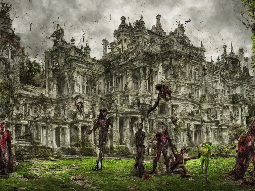 Prompt: A palace with zombie gardeners, fantasy art, long distance photography, 4k
