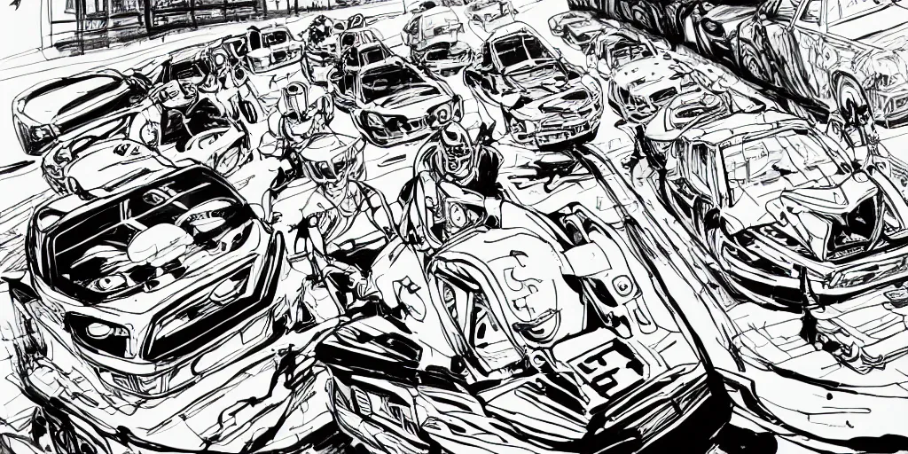 Image similar to ink lineart drawing of a car race, chinese brush pen illustration, cartoon style, anime, deep black tones, coloring book, contour