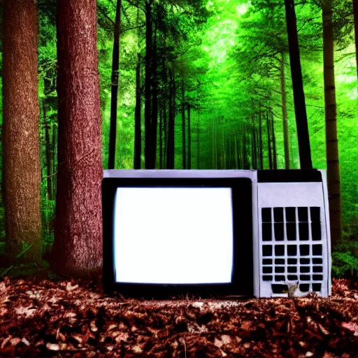 Image similar to photo of a mushroom in front of an old crt monitor displaying white noise in a forest, 4 k, detailed, realistic, cinematic, gloomy lighting, shallow dof