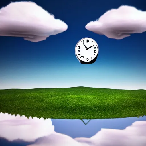 Image similar to a clock floating on an floating island, there are clouds around, it is on earth, on the background there are other floating islands too, floating at the ozone layer, cartoony, 4 k resolution, award winning