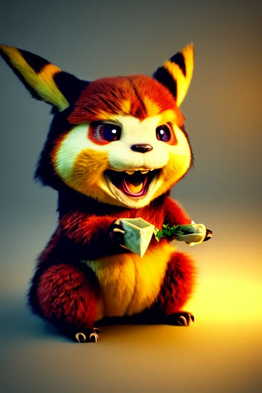 Image similar to high quality 3 d render hyperrealist very cute gothic grumpy dragon & red panda hybrid eating cheese, vray smooth, in the style of detective pikachu, very dramatic light, low angle, uhd 8 k, shallow depth or field