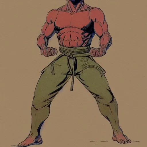 Prompt: full body concept art of martial artist in the style of Jean Giraud in the style of Frank Frazetta in the style of akira toriyama trending on artstation deviantart Pinterest detailed realistic High Resolution HD 8k in color