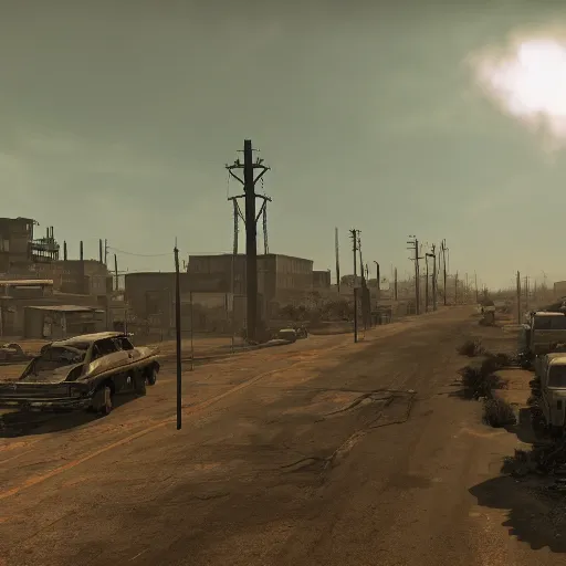 Image similar to a fallout game set in south texas and new mexico, el paso, city, post apocalyptic, 4 k hd, game screenshot