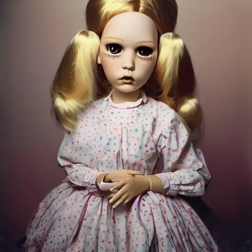 Image similar to head and shoulders portrait of a doll-like girl doing ASMR with hand movements, color Graflex photograph by Mark Ryden