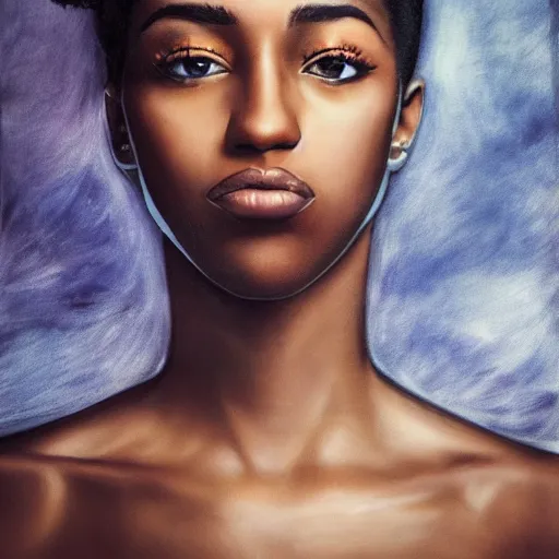 Prompt: a masterpiece portrait photo of a beautiful young woman who looks like a black miley cyrus, symmetrical face