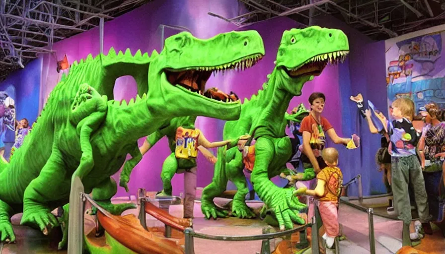 Image similar to 1990s photo of inside the Rugrats Battle Reptar show ride at Universal Studios in Orlando, Florida, children riding in baby walkers battling Reptar a giant animatronic dinosaur, cinematic, UHD