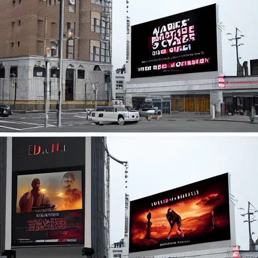 Image similar to 'poster billboards on the outside of a modern movie theater'