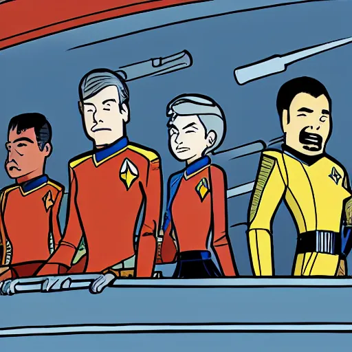 Image similar to a starfleet crew on the deck of their starship in the style of bill watterson high quality
