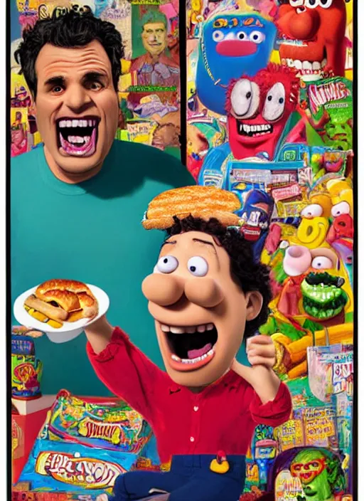Prompt: hyperrealistic mark ruffalo caricature screaming on a dartboard surrounded by big fat frankfurter sausages with a trippy surrealist mark ruffalo screaming portrait on wallace and gromit by and norman rockwell and lisa frank, mark ruffalo caricature dartboard with hot dogs, breakfast box mascot