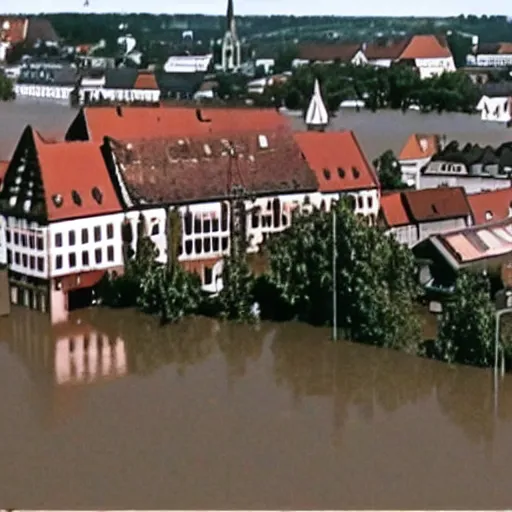 Prompt: VHS footage of a small german town being flooded