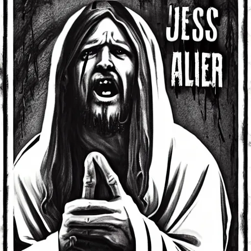 Image similar to Jesus as a horror movie slasher villain, award winning horror cinematic movie poster