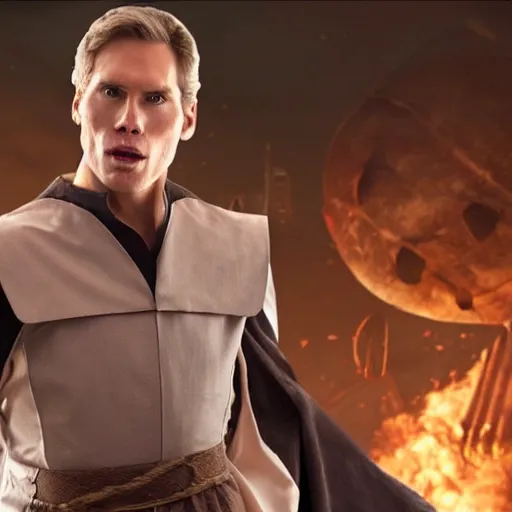 Image similar to Live Action Still of Jerma in Revenge of the Sith, real life, hyperrealistic, ultra realistic, realistic, highly detailed, epic, HD quality, 8k resolution, body and headshot, film still