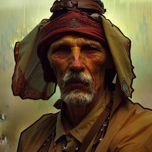 Prompt: portrait of an old vicotrian man by alphonse mucha, simon stalenhag and darek zabrocki, cinematic and atmospheric, concept art, artstation, trending on artstation