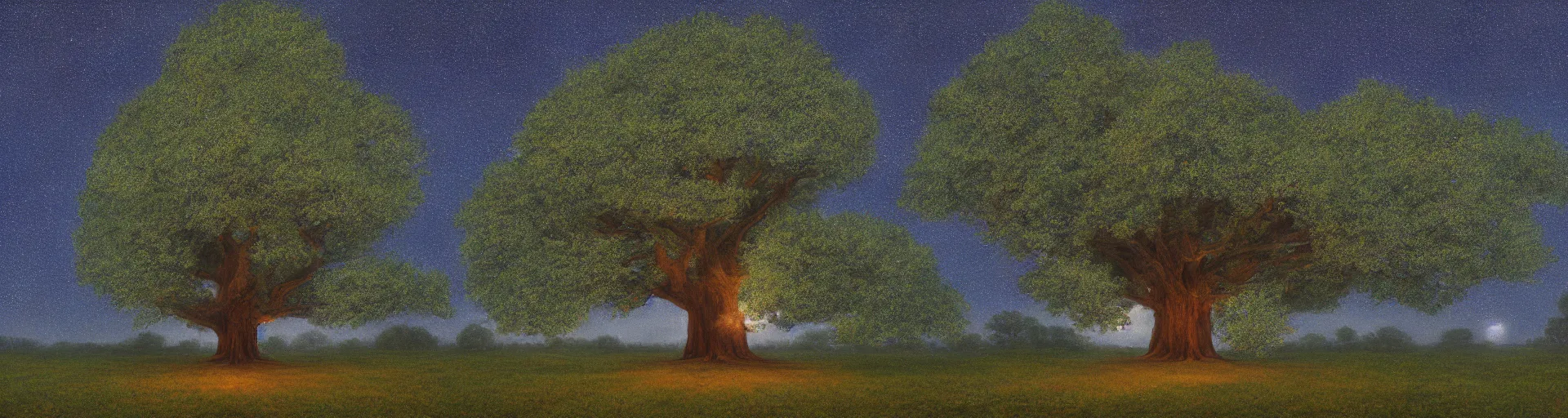 Prompt: Enormous, extremely complex tree with very wide canopy centered during twilight, tonalism style, trending on Artstation, 8k, 4k, high-res, digital art