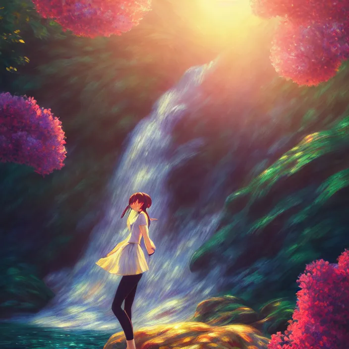 Prompt: an epic makoto shinkai and renoir surreal landscape of a woman's hair mixed with a waterfall, 🌺, golden hour, ultra smooth, lois van baarle, ilya kuvshinov, unreal engine, blender, trending on artstation, suntur, caleb worcester, highly detailed, photorealism, bloom effect 8 k