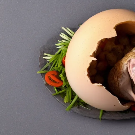 Image similar to a turducken coming out of an egg - shell, ready to eat, steaming hot, peaking through the broken egg shell as a newborn turducken would