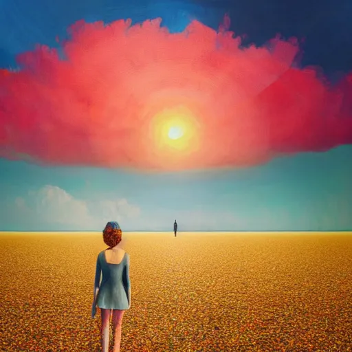 Image similar to giant daisy flower head, girl walking on salt flats mountains, surreal photography, sunrise, dramatic light, impressionist painting, colorful clouds, digital painting, artstation, simon stalenhag