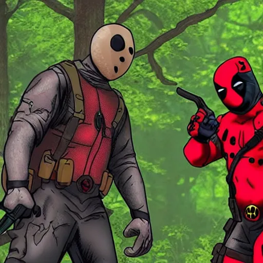 Image similar to jason voorhees and deadpool in the woods 4 k detailed super realistic