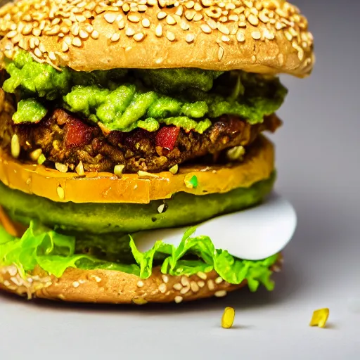 Image similar to vegan hamburger with guacamole and crispy fried onion and fried egg toppings, crispy buns, 8 k resolution, studio lighting, sharp focus, hyper - detailed