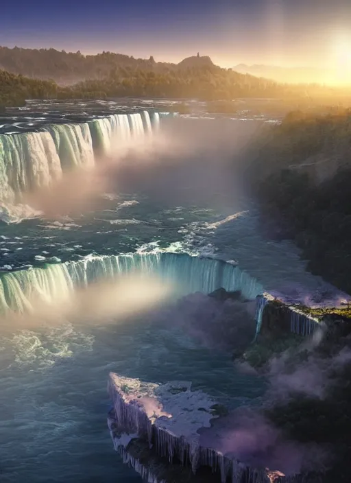 Prompt: cascade of gigantic niagara falls, epic mountains in the background, dawn, fantasy illustration, matte painting, concept art, volumetric lighting, volumetric atmosphere, morning mist, art by james gurney, unreal engine 5, 8 k