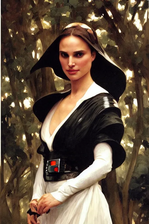 Image similar to elegant romantic portrait photo of natalie portman as darth vader by greg manchess, mucha, william adolphe bouguereau, john singer sargent, sorolla, winslow homer, dean cornwell, james gurney, kilin eng, ilya repin, armor