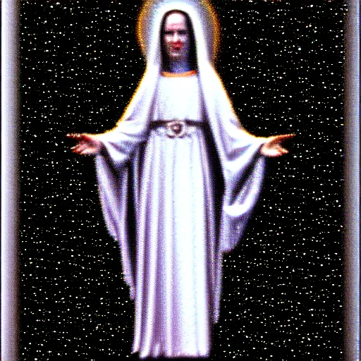 Image similar to vhs static overlay of marian apparition, vhs, 1 9 9 0, highly realistic, highly detailed, vhs noise static, black and white, vhs glitch