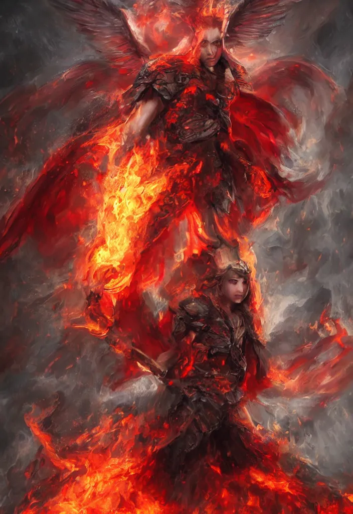 Image similar to an angel with red eyes and a flaming sword standing in heavy rain while doing a heroic pose, oil on canvas, realistic, concept art, fantasy, 8 k, digital art.