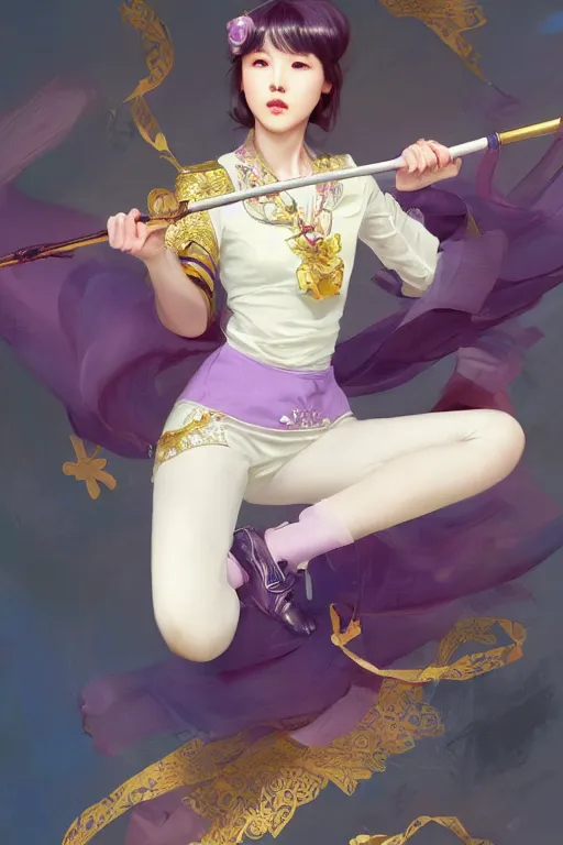 Prompt: Full View of Eunha from Viviz and gFriend with short hair wearing a purple military uniform and short puffy pants, white leggings, Golden Ribbon, and a billowy scarf. Rhythmic gymnastics poses. masterpiece 4k digital illustration by Ruan Jia and Mandy Jurgens and Artgerm and greg rutkowski, award winning, Artstation, art nouveau aesthetic, Alphonse Mucha background, intricate details, realistic, panoramic view, Hyperdetailed, 8k resolution, intricate art nouveau