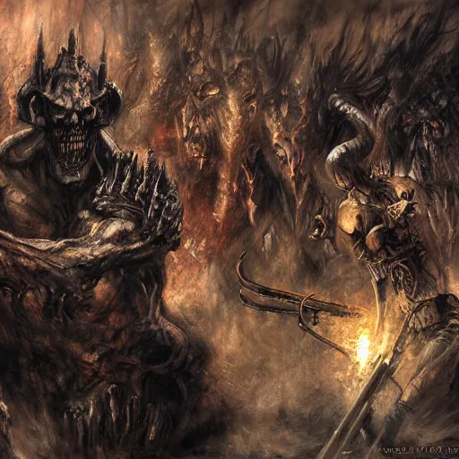 Prompt: jazz quartet in hell, intricate detail, royo, vallejo, frazetta, giger, whealan, hd, unreal engine,