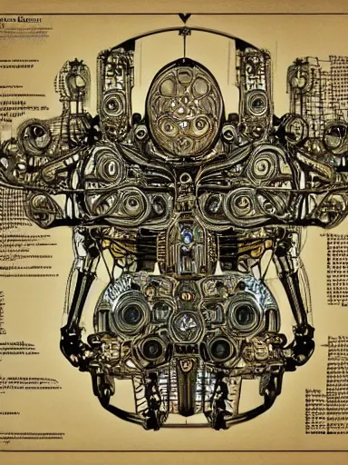 Image similar to schematic blueprint of highly detailed ornate filigreed convoluted ornamented elaborate cybernetic medical equipment, art by da vinci