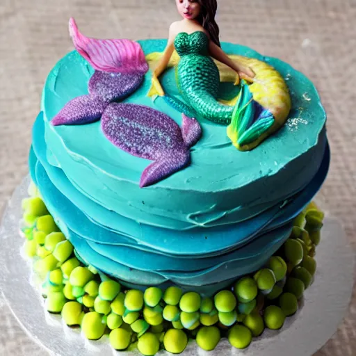 Prompt: mermaid cake, advertisement, food photography,