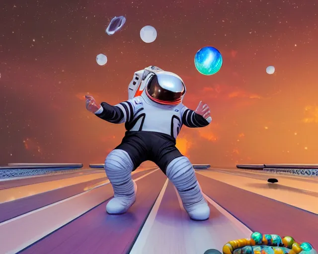 Prompt: an astronaut playing bowling in space, 3d art by marco zagara