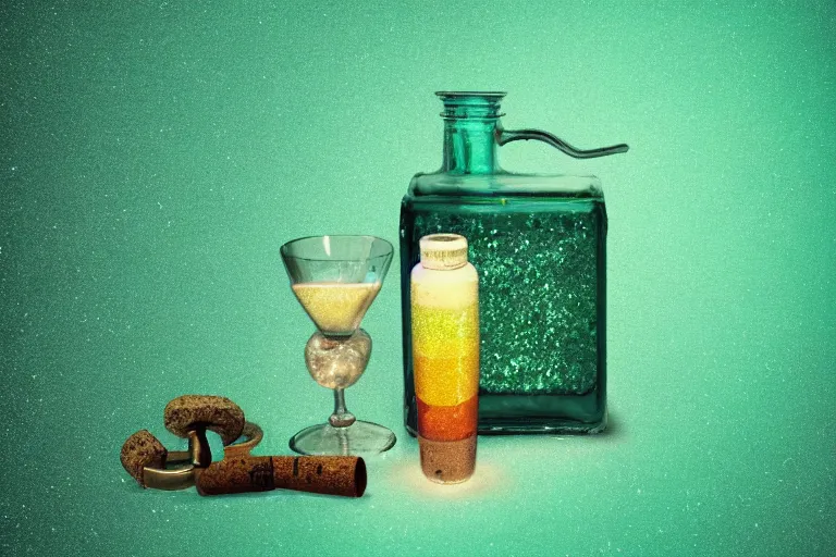 Image similar to small potion with a cork top filled with a glittery green and turquoise gradient liquid, glowing liquid, fantasy, on a desk, old film photo