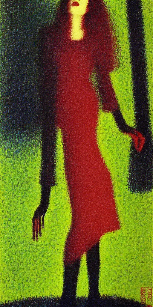 Image similar to a film still of suspiria by dario argento 1 9 7 7 movie, painted by georges seurat, impressionism, points, pointillism, high quality