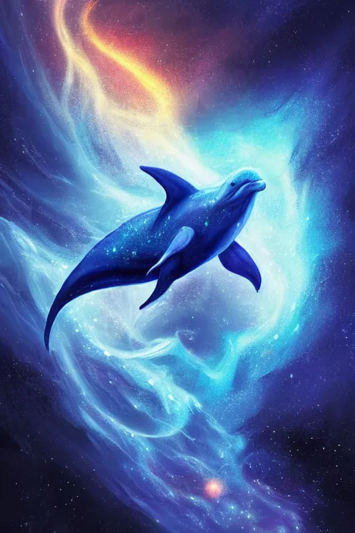 Image similar to Ethereal blue fire dolphin flying through a nebula, Sirius star system, star dust, cosmic, magical, shiny, glow,cosmos, galaxies, stars, outer space, stunning, by andreas rocha and john howe, and Martin Johnson Heade, featured on artstation, featured on behance, golden ratio, ultrawide angle, hyper detailed, photorealistic, epic composition, wide angle, f32, well composed, UE5, 8k