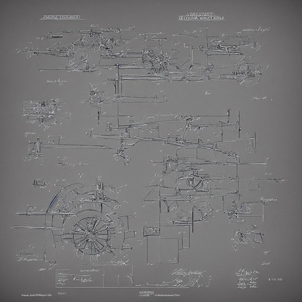 Image similar to detailed blueprint scheme of an artillery cannon, patented in 2039