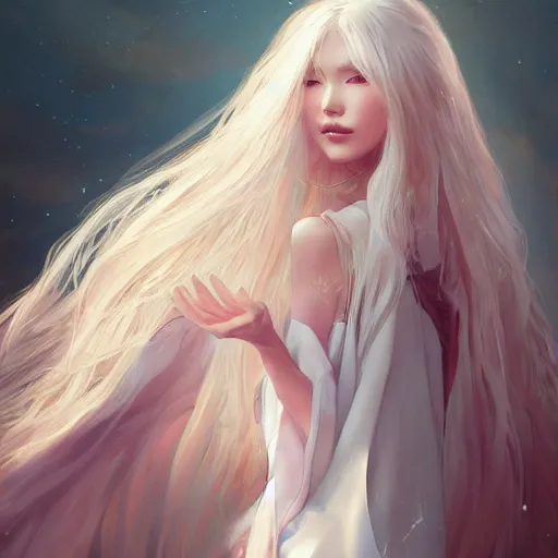 Image similar to a beautiful digital painting of a beautiful woman with long white hair wearing a kimono, by Stanley Artgerm Lau, WLOP, Rossdraws, James Jean, Andrei Riabovitchev, Marc Simonetti, and Sakimichan, trending on artstation, SFW version