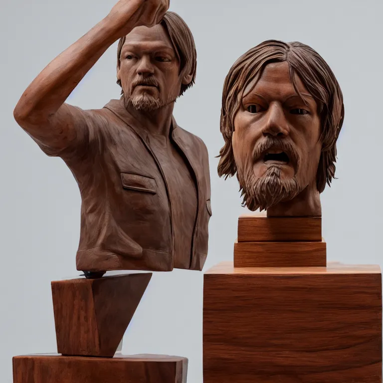 Image similar to enormous geometric minimalist accurate figurative sculpture of norman reedus pointing his finger, beautiful symmetrical!! face accurate face detailed face realistic proportions, hand - carved out of mahogany wood on a pedestal by stephan balkenhol and martin puryear, cinematic lighting shocking detail 8 k