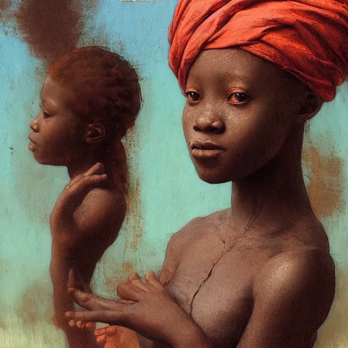 Image similar to a painting of a African girl by Leonardo da Vinci . dramatic angle, ethereal lights, details, smooth, sharp focus, illustration, realistic, cinematic, artstation, award winning, rgb , unreal engine, octane render, cinematic light, macro, depth of field, blur, red light and clouds from the back, highly detailed epic cinematic concept art CG render made in Maya, Blender and Photoshop, octane render, excellent composition, dynamic dramatic cinematic lighting, aesthetic, very inspirational, arthouse.