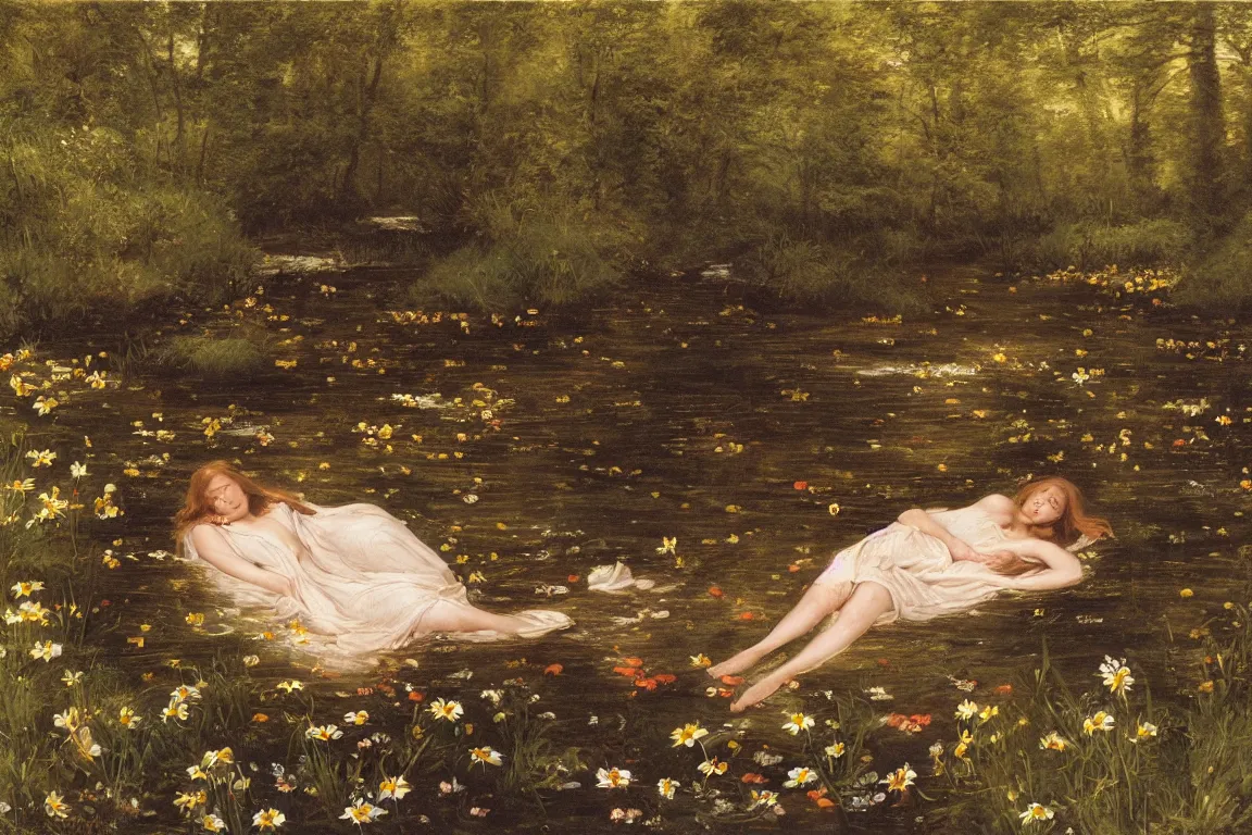 Image similar to Beautiful woman lying horizontal in a dark water stream. Flowers in hand. Golden brown dress, light dark long hair. Apathetic, pale, dead but beautiful. Poppies, daisies, pansies. Most accurate and elaborate studies of nature ever made. The background Hogsmill river in Surrey, rich Forest, dark, wood, bushes. Naturalistic. Painting by John Everett Millais.