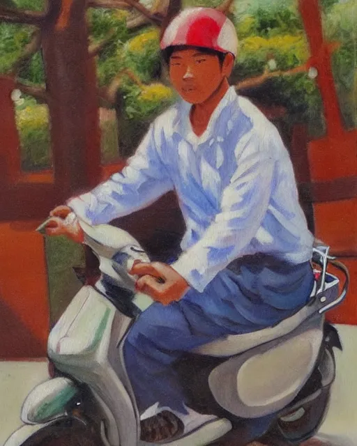 Image similar to asian school boy riding moped, aged oil painting by mai trung thu