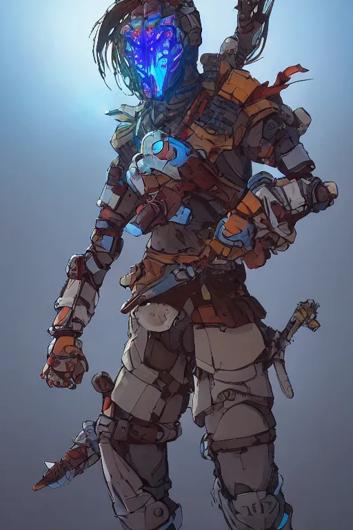 Image similar to combination suit armor aloy horizon forbidden west horizon zero dawn robot ninja mask helmet backpack tribal, art gta 5 comics, official fanart behance hd artstation by jesper ejsing, by rhads, makoto shinkai and lois van baarle, ilya kuvshinov, ossdraws radiating a glowing aura cgi rtx 2 0 2 2