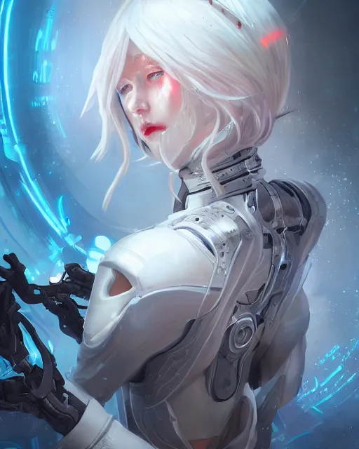 Image similar to holy cyborg necromancer girl, elegant, scifi, futuristic, utopia, garden, illustration, atmosphere, top lighting, blue eyes, white hair, focused, artstation, highly detailed, art by yuhong ding and chengwei pan and serafleur and ina wong