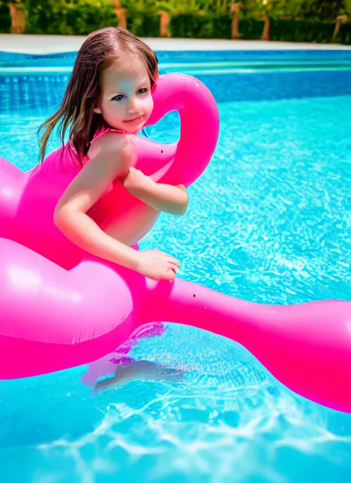 Image similar to photo of a young girl in a swimming pool with an inflatable flamingo, photo realistic, s, 8 k high definition, intricate, elegant