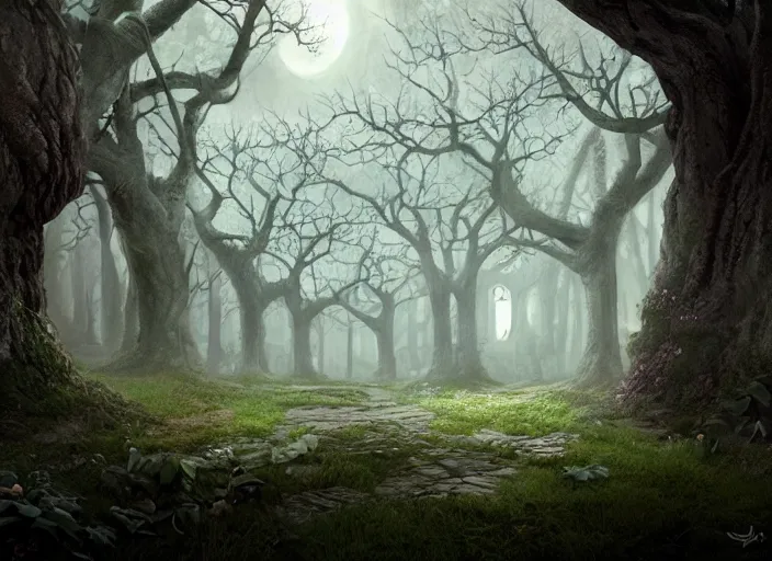 Prompt: secret garden, pathway, trees with faces, in the style of pan's labyrinth movie, spooky, very dark, concept art, unreal engine 5, matte painting, artstation, caspar friedrich