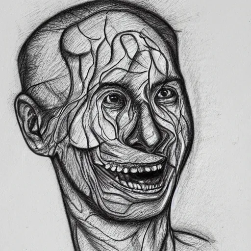 Image similar to highly detailed pencil sketch of a person's head cracking open on the top, lots of long strings grow out of it. the person seems happy