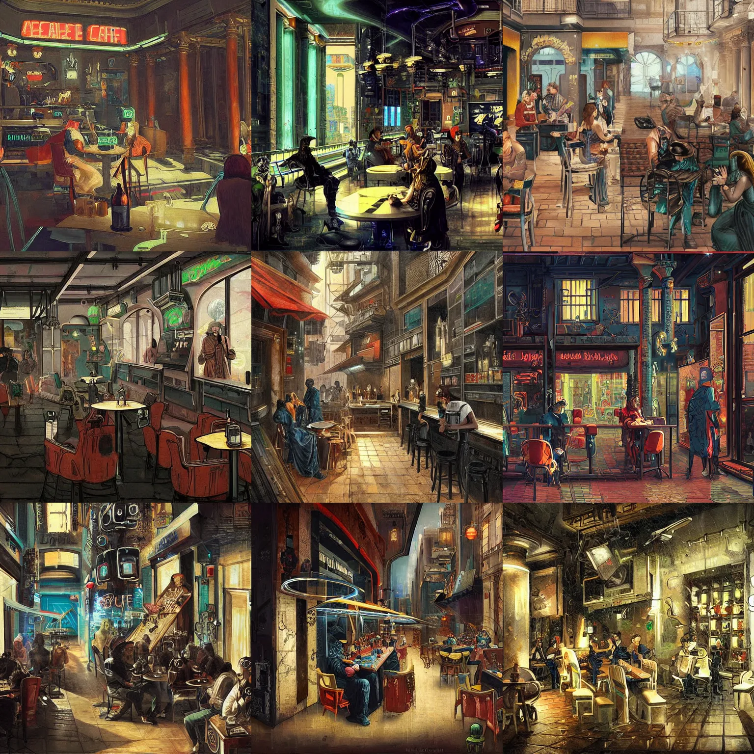 Prompt: A cyberpunk cafe painted by Maria Oriana Galli Bibiena