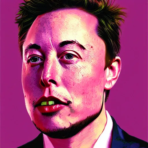 Prompt: a portrait of a elon musk in a scenic environment by abercrombie, gertrude. cgsociety, surrealism, surrealist, dystopian art, purple color scheme