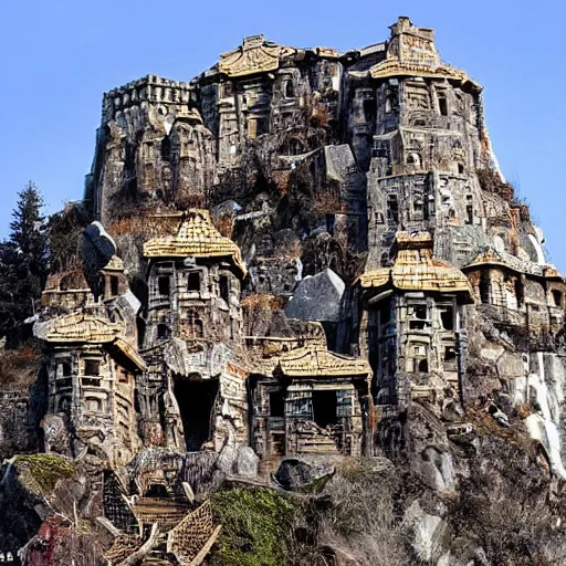 Prompt: stone fortress made by dwarves, carved into mountainside, abandoned, bright, intricate carvings, architectural