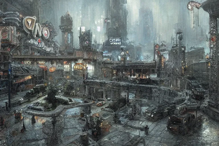 Image similar to A run down casino, moody scene, highly detailed, intricate, sharp details, dystopian mood, 1950 scene by gaston bussiere, craig mullins, somber lighting, drawn by Giacomo Burattini, inspired by graphic novel cover art